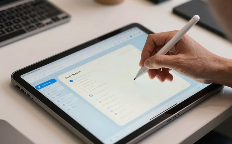 A close-up shot of a designer in a North American studio using a precision stylus on a digital tablet. The screen shows a sophisticated user interface design with light blue and off white accents. The workspace is clean, professional, and reflects high-end technology.