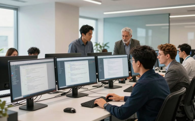 A professional North American software development team collaborating in a bright, modern office space. They are looking at large monitors displaying clean application code. The setting is sophisticated with architectural details in off white and light blue, with professional attire.