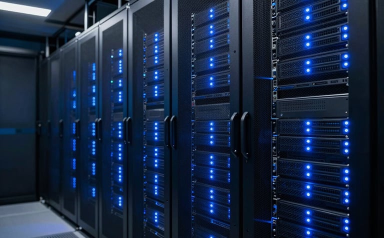 A deep perspective of a high-tech North American server room with glowing blue LED indicators on sleek black cabinets. The lighting is low and dramatic, emphasizing a reliable and secure cloud infrastructure environment with a color scheme of deep blue and dark navy.