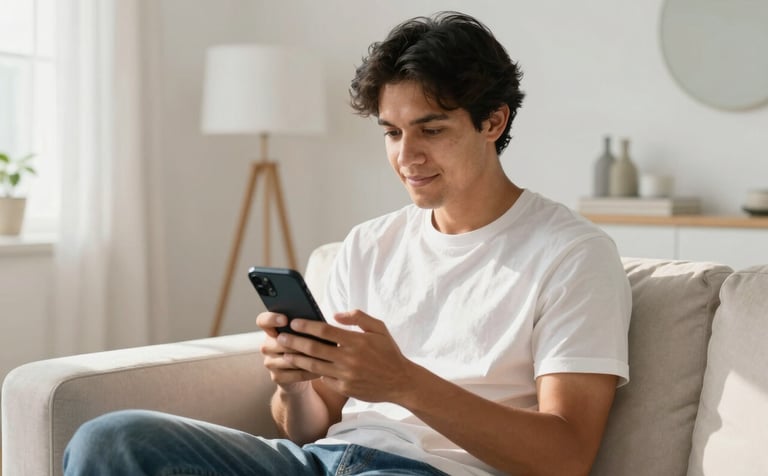A South American / Colombian patient sitting in a brightly lit, clean living room, comfortably holding a phone and using a chat app, with soft sunlight and modern white decor.