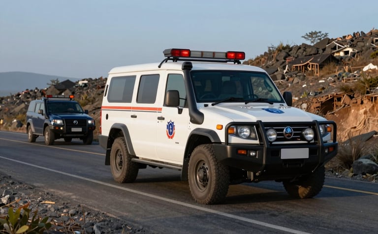 A high-end white 4x4 personnel transport vehicle driving on a well-maintained road through a rugged mining landscape. A security escort vehicle follows closely. Crisp morning light highlights the reliable and professional setup in a Global / Professional context. Colors are navy and muted blue.