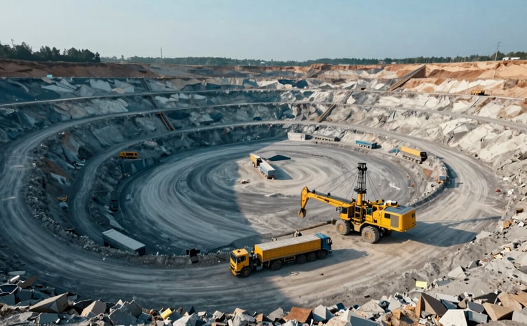 A high-angle professional photograph of a massive open-pit mine featuring heavy-duty yellow machinery and logistics trucks under a clear sky. The composition showcases a secure and efficient operation in a Global / Professional setting. Colors include slate blue and off-white.