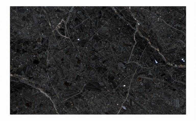 A high-end dark granite slab with rich, deep textures and crystalline reflections. Professional lighting highlights the precision craftsmanship and the depth of the natural stone. Colors emphasize #0D0D0D and subtle #A18A6A highlights for an exclusive brand mood.