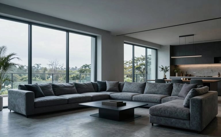 Interior view of a modern living room with large glass windows and minimalist furniture in slate blue-grey and charcoal slate colors. Precise architecture and sharp lighting.