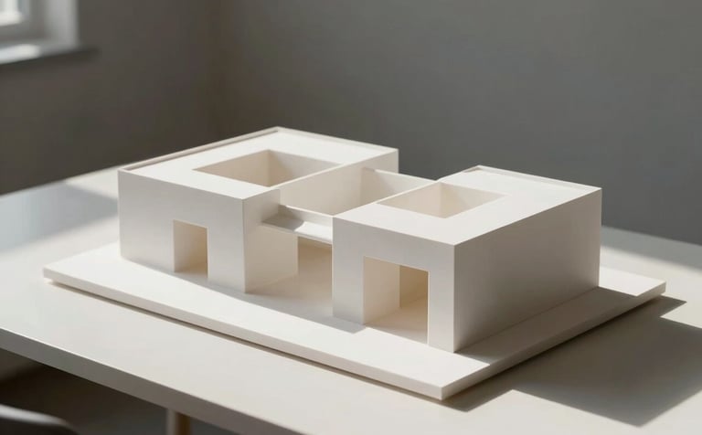 A high-end architectural model made of white materials sitting on a minimalist desk. The scene is bathed in natural morning light, featuring clean lines and a background in mist white and charcoal slate tones.