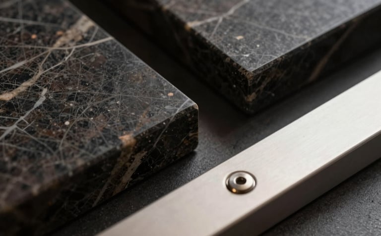 Macro photography of high-quality material samples including dark marble and pale steel hardware. Professional studio lighting with deep charcoal shadows.