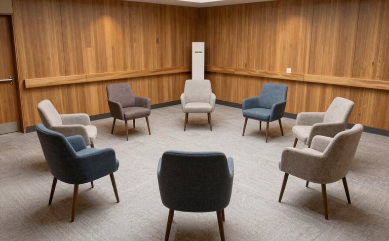 A wide-angle photography shot of a modern community space in a US clinic. Several stylish upholstered chairs are arranged in a circular formation on a light grey carpet, with warm wooden walls and soft ambient lighting, representing a safe and professional environment for group wellness.