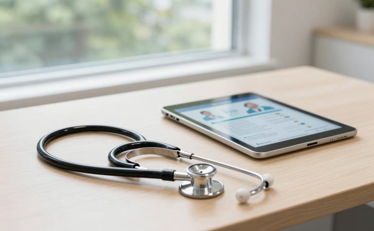 Professional photography of a clean and bright North American medical office interior. A polished stethoscope rests neatly on a light wood desk next to a digital tablet showing a healthcare app, with soft focus on a window showing green trees outside, conveying trust and medical expertise.