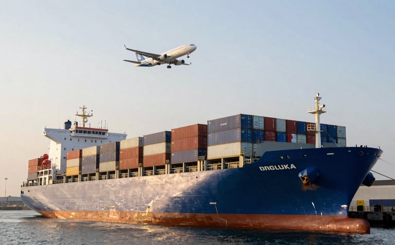 A massive cargo ship docked at a modern port, with a freight airplane flying low in the sky above. The scene is illuminated by the warm light of early morning. The ships and containers feature corporate ocean blue and pale arctic white colors. Set in the industrial area of a West African / Ghanaian port.