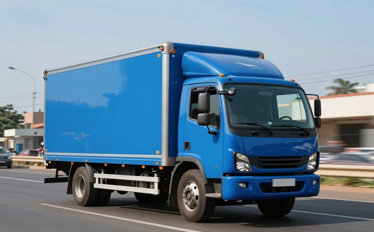 A sleek, modern delivery truck painted in corporate ocean blue driving along a clean, sunlit road in a West African / Ghanaian city. The composition is dynamic, showing movement and reliability. The sky is a clear soft sky blue.