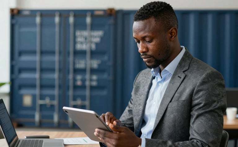 A professional in a modern West African / Ghanaian office environment, wearing corporate attire, reviewing digital logistics documents on a high-end tablet. In the background, a blurred view of shipping containers in deep navy blue. The lighting is bright and professional.