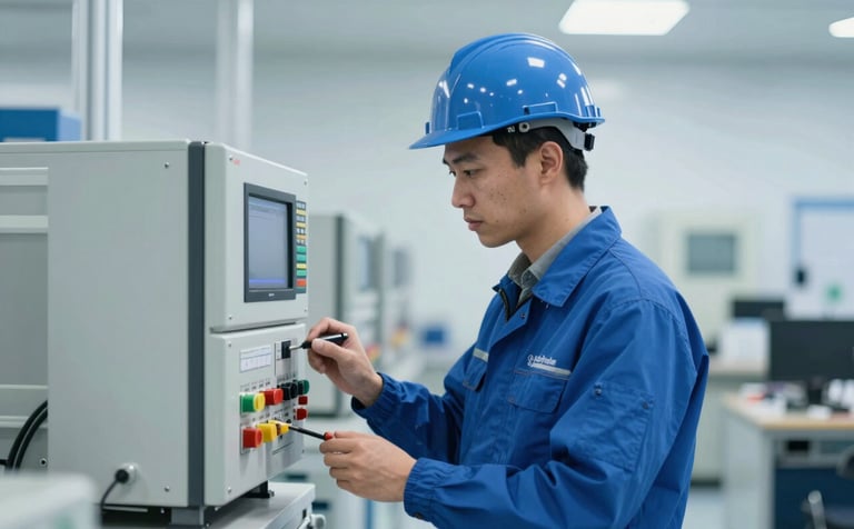 A professional engineer conducting a Factory Acceptance Test (FAT) on an industrial control system. The workshop is clean and modern, emphasizing the engineering expertise of Al Qudrah. Colors include #2E5D8B and #A8C8E4 in a bright, clean composition.