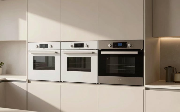 High-end photography of a modern South American / Brazilian kitchen featuring minimalist built-in appliances. Soft natural morning light hits surfaces of soft off-white and warm beige. Professional composition with a clean, intelligent aesthetic.