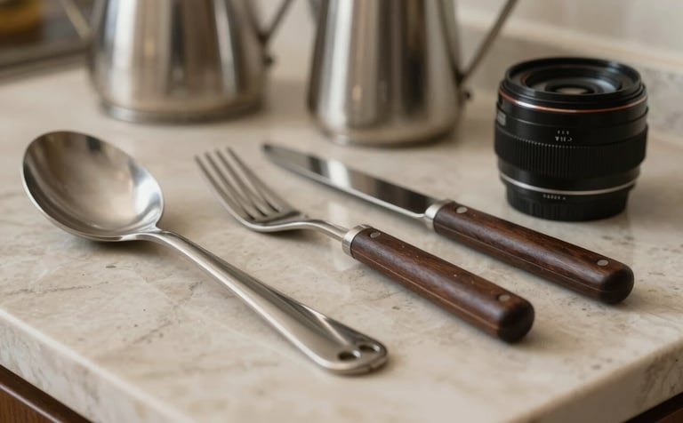 Close-up macro photography of premium kitchen utensils arranged on a light taupe marble countertop in a South American / Brazilian home. Focus on stainless steel and dark espresso brown accents. Refined and trustworthy presentation.