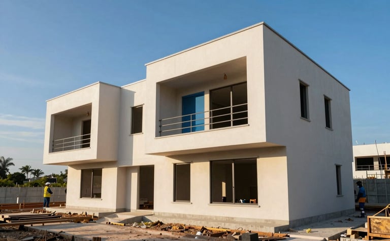 Wide angle photography of a modern residential construction project in the Yucatán Peninsula. The building features clean architectural lines under a bright blue sky. Professional workers are seen in the distance near concrete structures. Colors include warm off-white beige and muted steel blue accents.