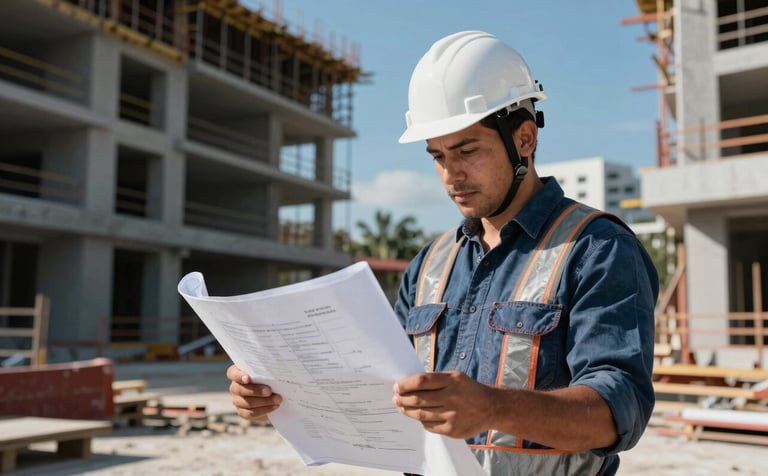 A professional construction manager in North American / Mexican / Yucatán attire, wearing a white helmet, reviewing blueprints at a bright construction site. Modern buildings are visible in the background under a clear sky. High-contrast lighting with dark charcoal blue tones.