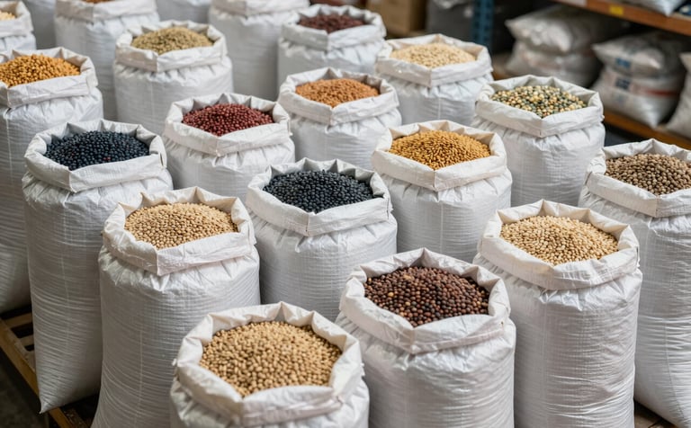 Clean, orderly warehouse interior in India showing stacks of white woven sacks containing assorted pulses and grains, ready for international shipment.