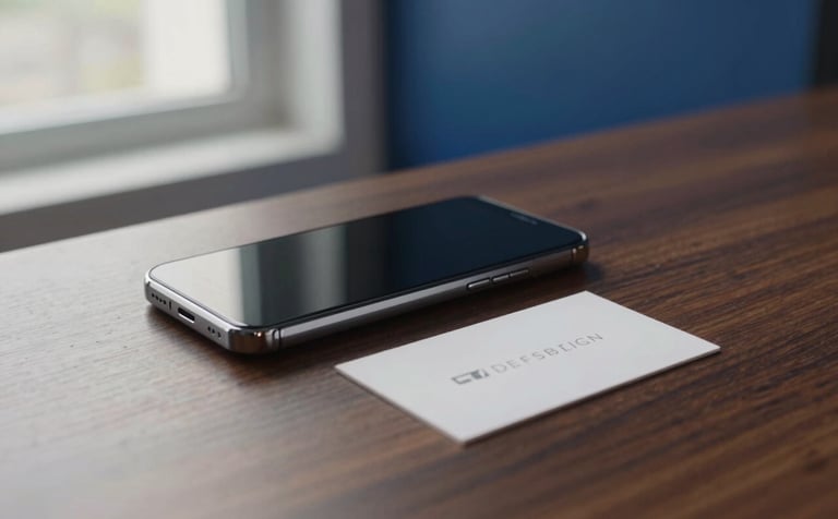 A close-up photograph of a sleek, high-end smartphone and a minimalist business card resting on a polished dark wood desk in a professional German office setting. Natural soft light from a nearby window, off-white and deep blue accents in the background.