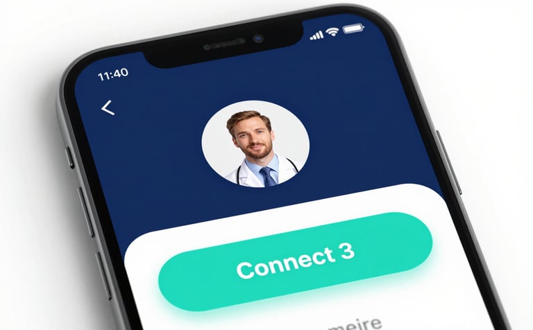 Close-up of a high-resolution smartphone screen showing a sleek medical app with a doctor's profile and 'Connect' button. Minimalist and high-tech aesthetic using the brand's navy (#0C212B) and aqua (#5BA8A1) palette.