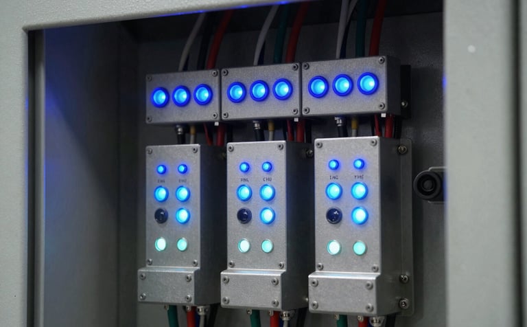 Close-up photography of a high-tech industrial automation control panel. The image shows organized wiring and glowing royal blue and ice blue indicator lights on steel components. The lighting is crisp, highlighting the technical expertise and reliability of the system.