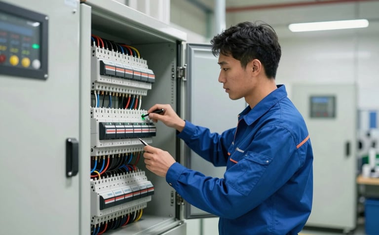 A professional electrician in a clean uniform inspecting a modern industrial switchgear unit inside a well-lit facility. The scene uses a palette of steel blue and soft off-white, reflecting a clean, professional, and trustworthy environment for electrical works.