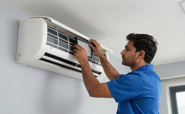 A professional South Asian / Indian technician in a clean blue uniform carefully cleaning the filter of a white split AC unit mounted on a light gray wall. The room is modern and bright, representing a home in Noida. High-quality photography, natural lighting.