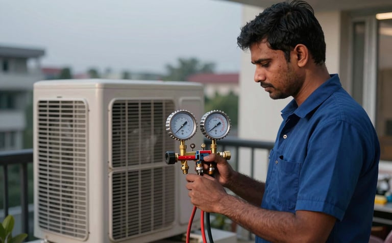 A South Asian / Indian technician checking the pressure levels of an air conditioning unit using a manifold gauge. The setting is a balcony in a residential area of Noida at dusk. The lighting is calm and reassuring, highlighting technical expertise.