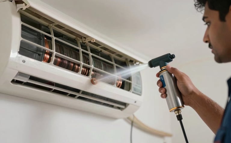 Close-up of a South Asian / Indian technician's hands using a specialized jet spray to deep clean the internal copper coils of an air conditioner. The setting is a clean, contemporary apartment. Style is professional, focusing on efficiency and care.