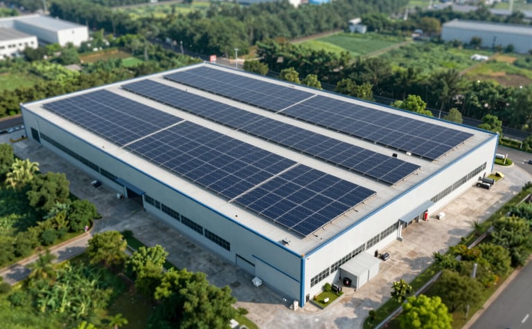 A large-scale commercial building or warehouse with an extensive array of solar panels on its flat roof. The shot is an aerial drone perspective, capturing the efficiency and scale of a solar plant operation. The lighting is crisp afternoon sun. The color palette features the deep greens of #326B5E in surrounding vegetation and the clean lines of industrial architecture.
