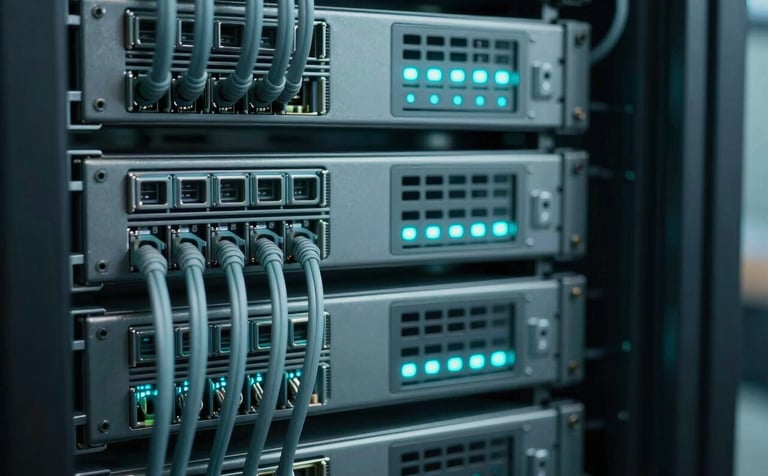 Close-up photography of organized network server racks in a data center. The scene is illuminated with professional muted teal and soft sky blue LED indicators. The focus is on the precision and quality of the cabling, symbolizing cutting-edge network solutions and reliability.
