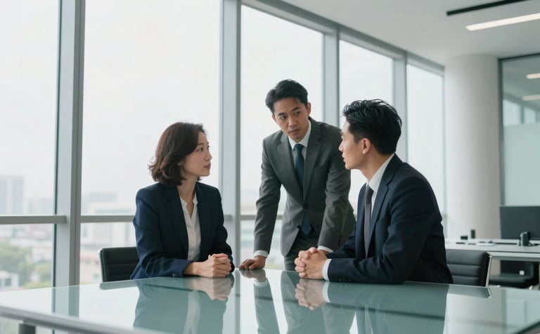 A high-end, modern office environment in Georgia with floor-to-ceiling windows. Two professionals in business attire are engaged in a serious discussion near a sleek glass table. The lighting is bright and natural, reflecting a clean mist white and professional muted teal color palette. Sophisticated and reliable atmosphere.