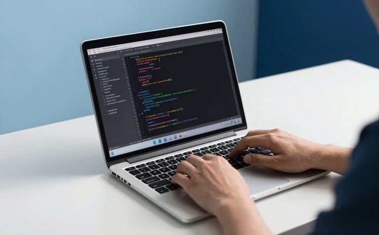 An IT professional using a modern laptop in a clean mist white workspace. On the screen, code and network diagnostic tools are visible. In the background, soft sky blue and deep midnight blue accents complement the professional setting. The focus is on trust and technical expertise.