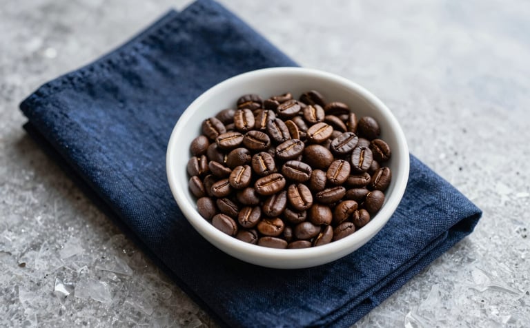 A minimalist, top-down photograph of organic coffee beans in a white snow ceramic bowl. A single midnight blue linen napkin lies beside it on an ice gray surface. Natural, soft window light creates an executive, sophisticated mood.