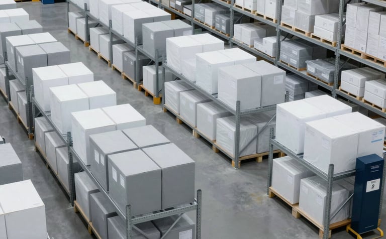 A high-angle, minimalist professional photograph of a bright logistics warehouse. Organized rows of white and ice gray boxes on metallic shelving. Soft, even lighting highlights a clean floor. Subtle midnight blue accents on equipment. Human-centric but executive atmosphere.