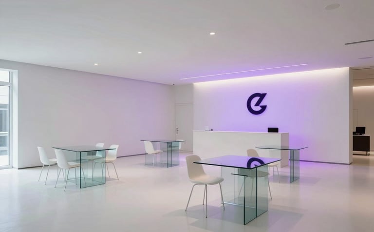 An interior shot of a sophisticated, minimalist corporate event space. White walls, high ceilings, and glass furniture. Soft logo purple accent lighting on a far wall. Professional, clean, and modern executive environment.