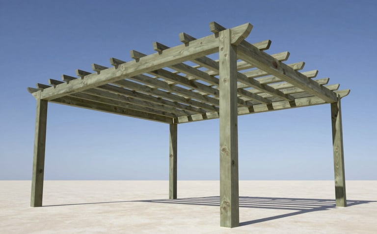 A low-angle shot of a newly finished premium cedar pergola with an olive sage finish, standing over a clean off-white paved area. The construction is minimal and modern. Blue sky is visible through the timber slats. High-end architectural photography, focus on clean lines and joinery.