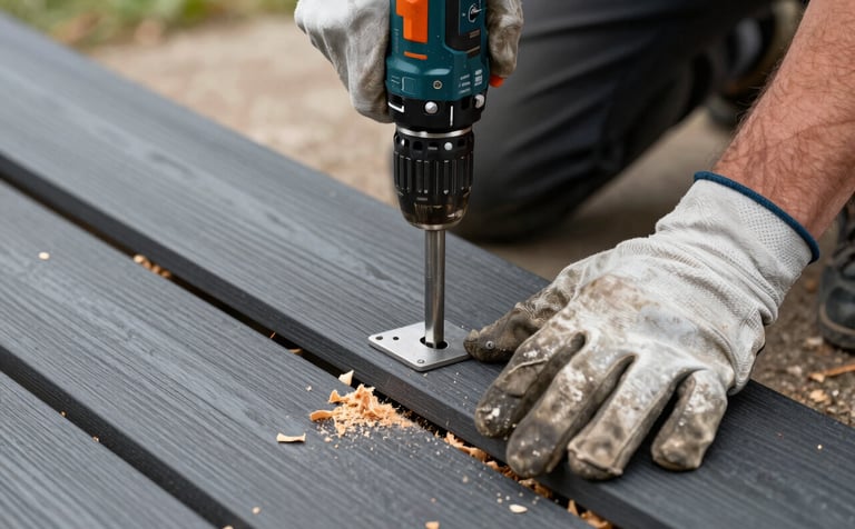 A close-up shot of a pair of hands wearing rugged work gloves using a professional drill to secure a dark charcoal composite deck plank. Wood shavings are visible on the timber texture. Sharp focus on the hands and tools, representing real craftsmanship. Natural outdoor lighting.
