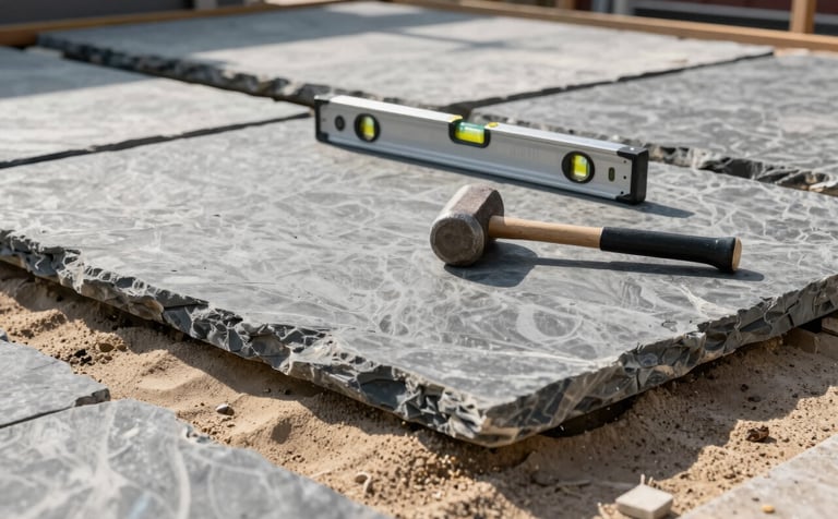 A professional wide-angle shot of a high-end stone patio under construction. The stones are slate gray, meticulously leveled on a base of sand. A professional spirit level and a mallet lie on the surface. No people visible. Sophisticated morning light casting soft shadows across the backyard project.