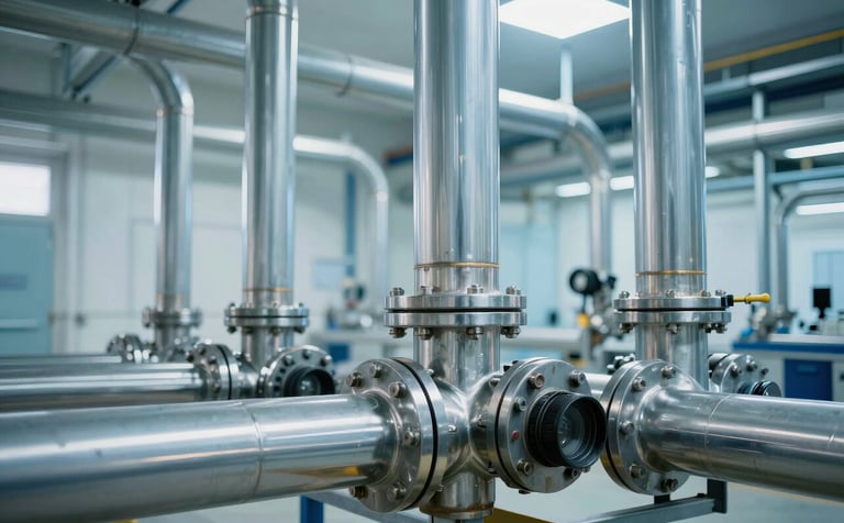 Polished industrial piping and fluid management systems inside a modern European / French building utility room. Soft natural light reflects off steel surfaces with pale ice blue tones, creating a sense of technical mastery.