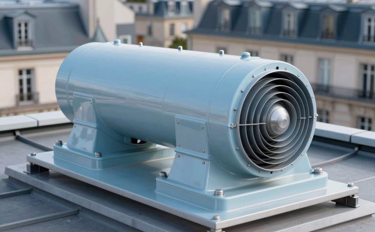 A detailed close-up of a high-end industrial ventilation system on a rooftop in a European / French city. The lighting is crisp and modern, emphasizing the clean lines and steel textures of the equipment. Color palette includes soft dusty blue and pale ice blue highlights.