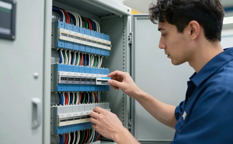 A professional technician in a European / French facility inspecting a modern, well-organized electrical control panel. The scene is shot with technical precision, showing steel blue components and clean wiring under bright, cool lighting.