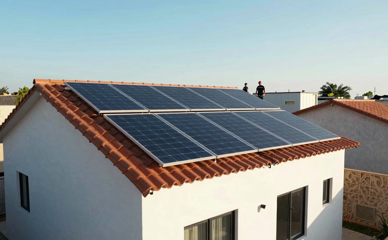 A wide shot of a modern sustainable house in a Global Hispanic residential area, with sleek solar panels being installed on a terracotta roof under a bright, clear sky. Professional technicians are visible in the distance. The lighting is warm and natural, emphasizing clean energy and professional quality. Colors include light blue and medium blue tones in the sky and equipment.