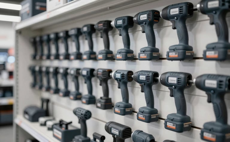 An organized wall display of professional-grade power tools and hardware in a modern retail setting. The lighting is sharp and industrial, featuring a color palette of #263238 and #546E7A.