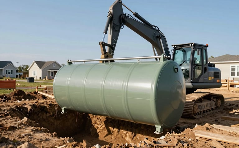 A new septic tank being carefully lowered into a clean excavation site on a North American residential property. Professional construction scene with sage green and dark slate gray machinery accents under a clear blue sky.