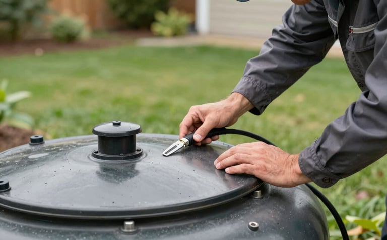 A close-up photograph of a professional technician in clean work attire inspecting a septic tank riser and lid in a lush green backyard. North American / US residential context, focusing on expert attention to detail and professional tools.