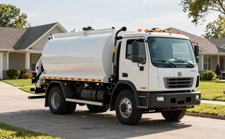 A clean, professional septic pumping truck parked in a suburban North American driveway. The lighting is bright morning sun, highlighting the well-maintained equipment and the reliability of the service. Professional setting with a green lawn in the background.