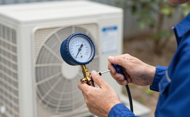A technician using a professional manifold gauge to check refrigerant levels on an outdoor AC compressor unit. Professional tools, sharp focus on the technician's skilled hands, daytime outdoor lighting, incorporating shades of #1E528A and #0B2447.