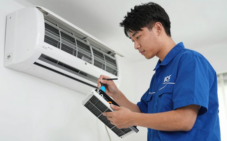 A professional technician from ICE Cooling Solutions, wearing a blue branded uniform, meticulously cleaning the internal filters of a modern white split AC unit. Bright indoor lighting, modern residential setting, clean aesthetic with blue and white tones.