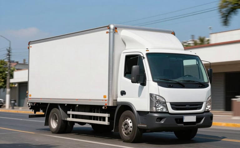 A clean, modern white delivery truck driving through a well-lit South American urban street, daylight, professional photography, focus on the vehicle, Steel Blue and Sky Blue sky in the background.