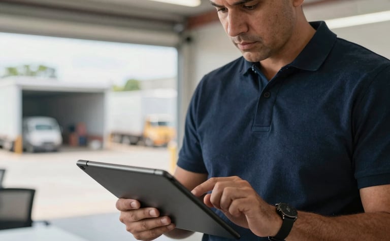 A close-up of a professional logistical planner using a digital tablet in a bright South American office overlooking a loading bay, serious and focused mood, Dark Navy and Steel Blue tones.